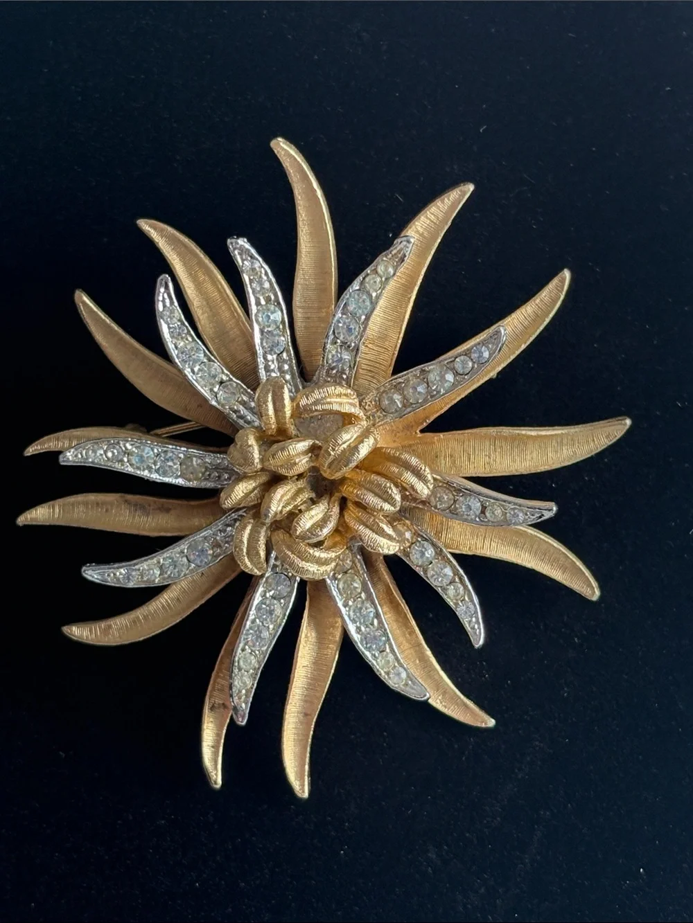 Vintage Coro Gold Rhinestone Chrysanthemum Flower Brooch 1950s–60s
